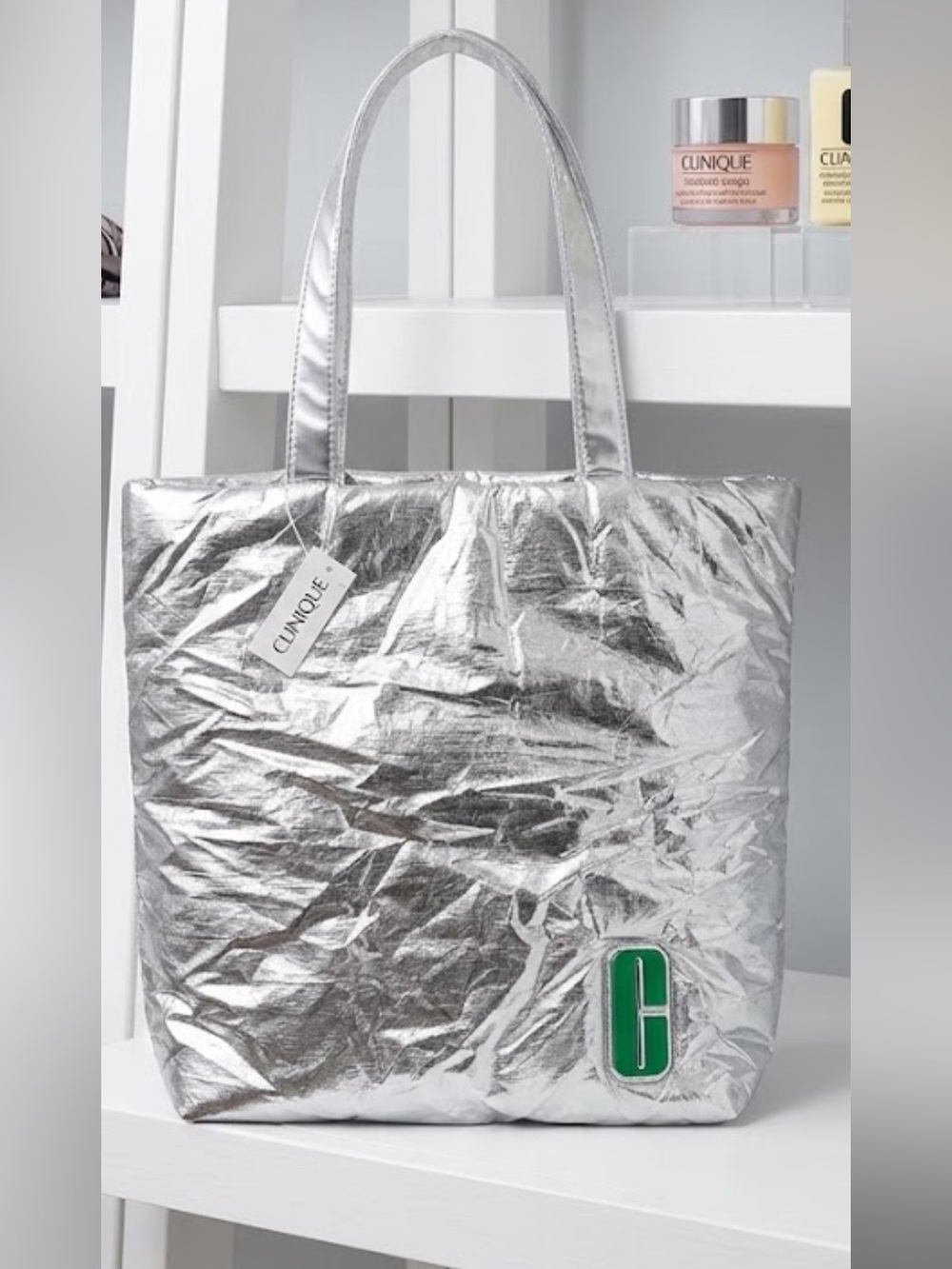 Clinique Silver Tote with Green Logo Accent. (Tote only) NWT